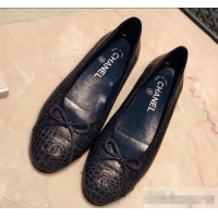 Hot Sale Chanel Crocodile Pattern Classic Bow Ballerinas Flats G31504 Navy Blue