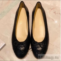 Free Shipping Chanel Crocodile Pattern Classic Bow Ballerinas Flats G31506 Black 02