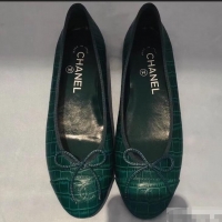 Famous Brand Chanel Crocodile Pattern Classic Bow Ballerinas Flats G31508 Green 02