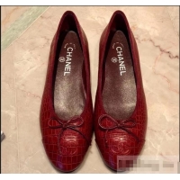 Cheapest Chanel Crocodile Pattern Classic Bow Ballerinas Flats G31512 Dark Red 02