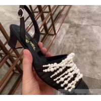 Spot Imitation Chanel Heel 5cm Pearls Slingbacks Sandals G31302 Black 2019