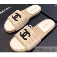 Low Cost Chanel CC Logo Tweed Mules Slipper Sandals Espadrilles G34067 Beige 2019