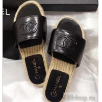 Feminine Chanel CC Logo Leather Mules Slipper Sandals Espadrilles G34067 Black 2019