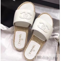 Pretty Chanel CC Logo Leather Mules Slipper Sandals Espadrilles G34067 White 2019