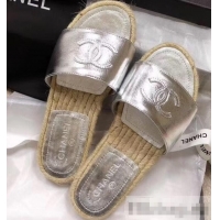 Top Grade Chanel CC Logo Leather Mules Slipper Sandals Espadrilles G34067 Silver 2019