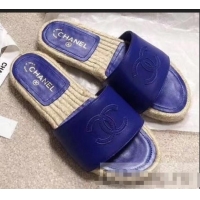 Unique Style Chanel CC Logo Leather Mules Slipper Sandals Espadrilles G34067 Blue 2019