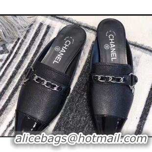 Cheapest Chanel Chain and Leather Slipper Sandals Mules G32501 Black 2019