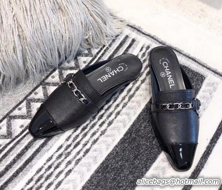 Cheapest Chanel Chain and Leather Slipper Sandals Mules G32501 Black 2019