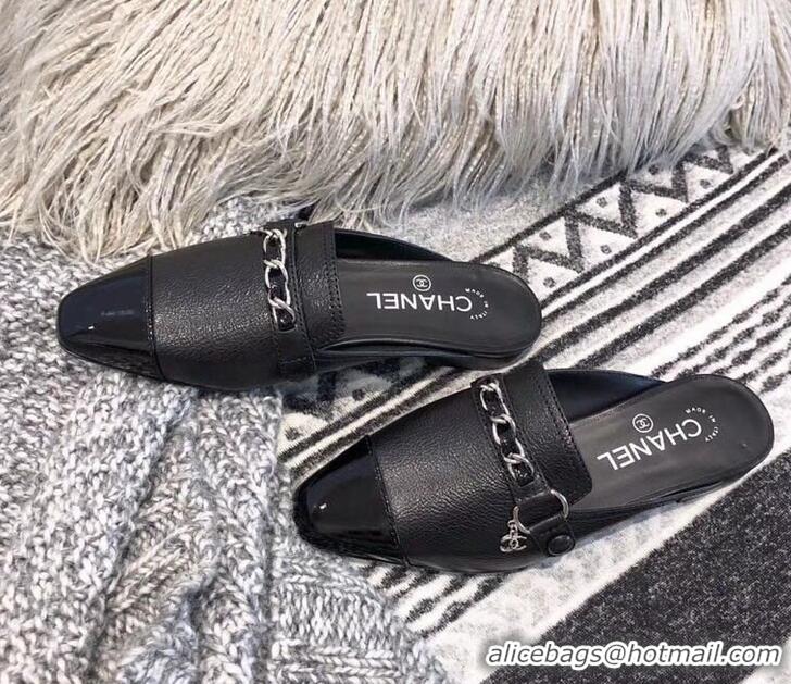 Cheapest Chanel Chain and Leather Slipper Sandals Mules G32501 Black 2019