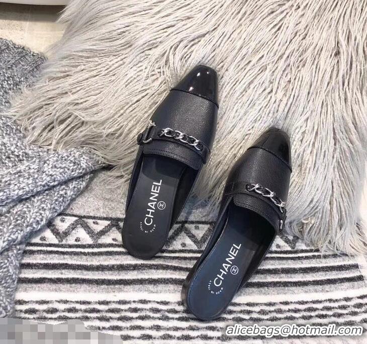 Cheapest Chanel Chain and Leather Slipper Sandals Mules G32501 Black 2019