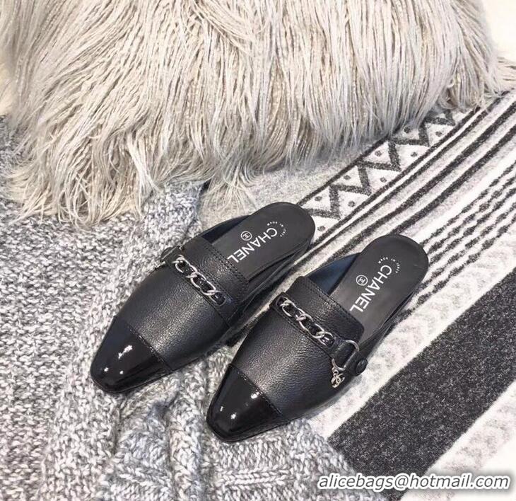 Cheapest Chanel Chain and Leather Slipper Sandals Mules G32501 Black 2019