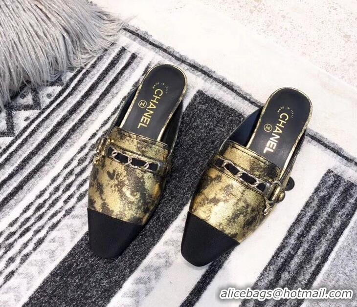 Classic Chanel Chain and Leather Slipper Sandals Mules G32501 Gold 2019