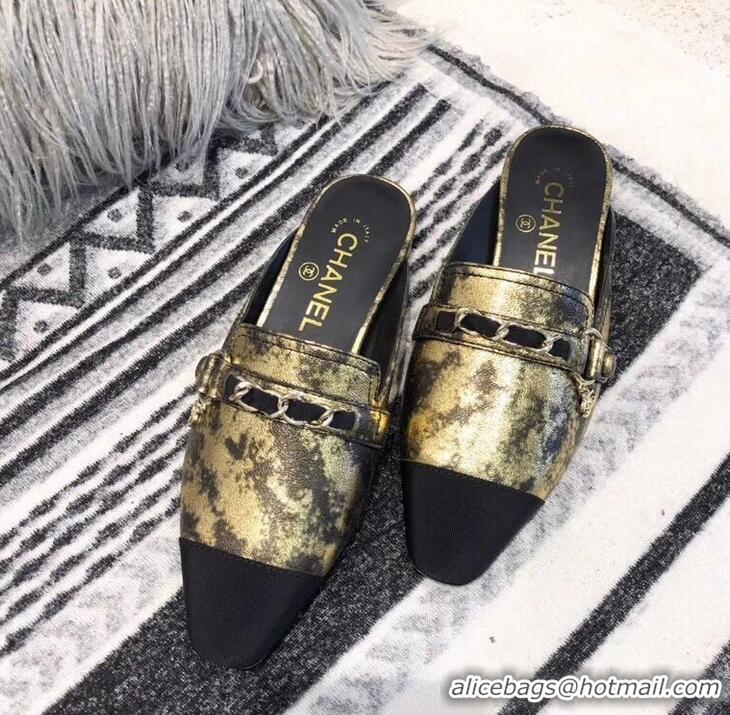 Classic Chanel Chain and Leather Slipper Sandals Mules G32501 Gold 2019