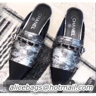 Cheapest Chanel Chain and Leather Slipper Sandals Mules G32501 Silver 2019