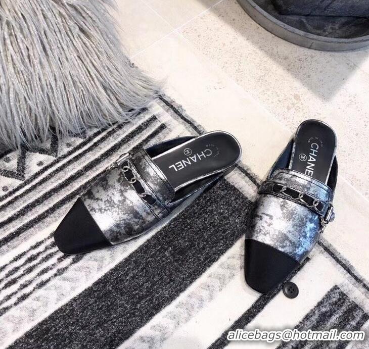 Cheapest Chanel Chain and Leather Slipper Sandals Mules G32501 Silver 2019