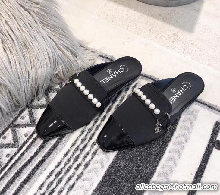 Good Product Chanel Pearl Slipper Sandals Mules Grossgrain/Patent Leather G32506 Black 2019