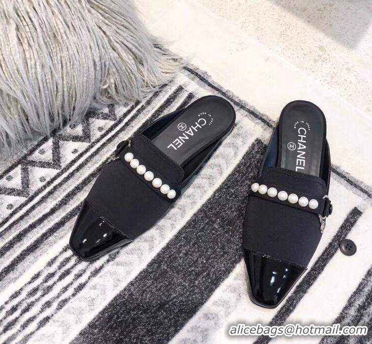 Good Product Chanel Pearl Slipper Sandals Mules Grossgrain/Patent Leather G32506 Black 2019