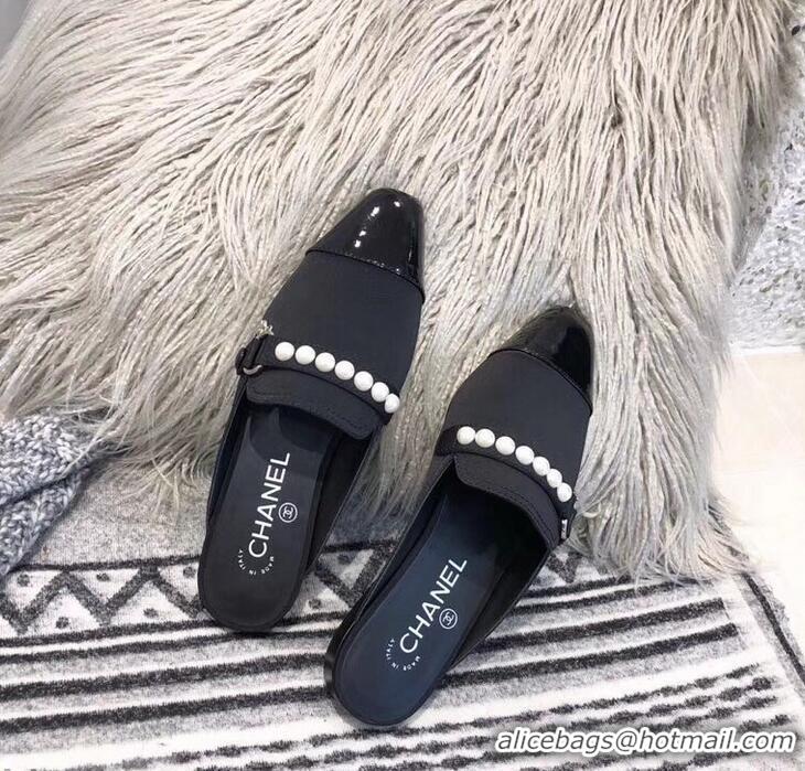 Good Product Chanel Pearl Slipper Sandals Mules Grossgrain/Patent Leather G32506 Black 2019