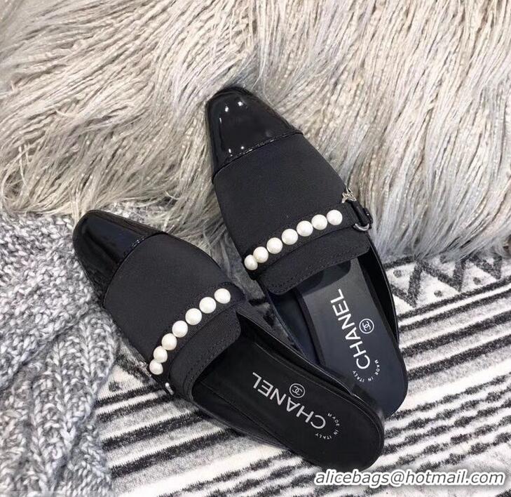 Good Product Chanel Pearl Slipper Sandals Mules Grossgrain/Patent Leather G32506 Black 2019