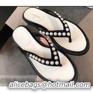 Free Shipping Chanel Suede Leather Pearls Thong Slipper Sandals G32502 Black 2019