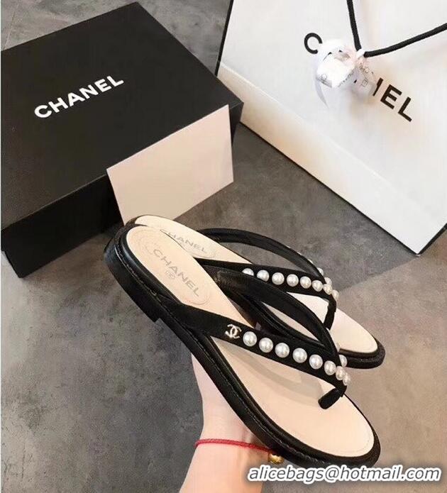 Free Shipping Chanel Suede Leather Pearls Thong Slipper Sandals G32502 Black 2019