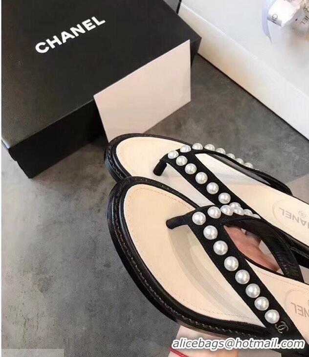 Free Shipping Chanel Suede Leather Pearls Thong Slipper Sandals G32502 Black 2019