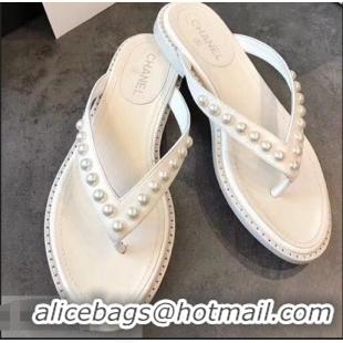 Trendy Design Chanel Suede Leather Pearls Thong Slipper Sandals G32502 White 2019