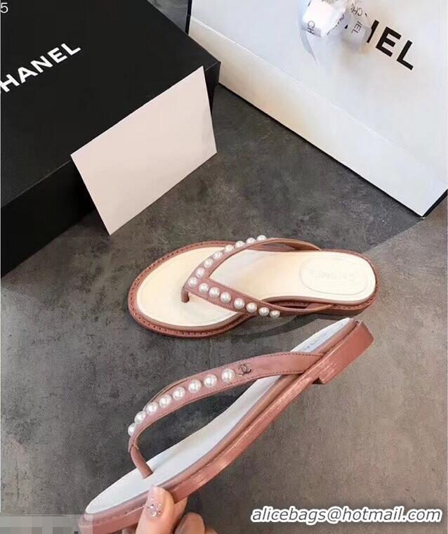 Imitation Chanel Suede Leather Pearls Thong Slipper Sandals G32502 Nude Pink 2019