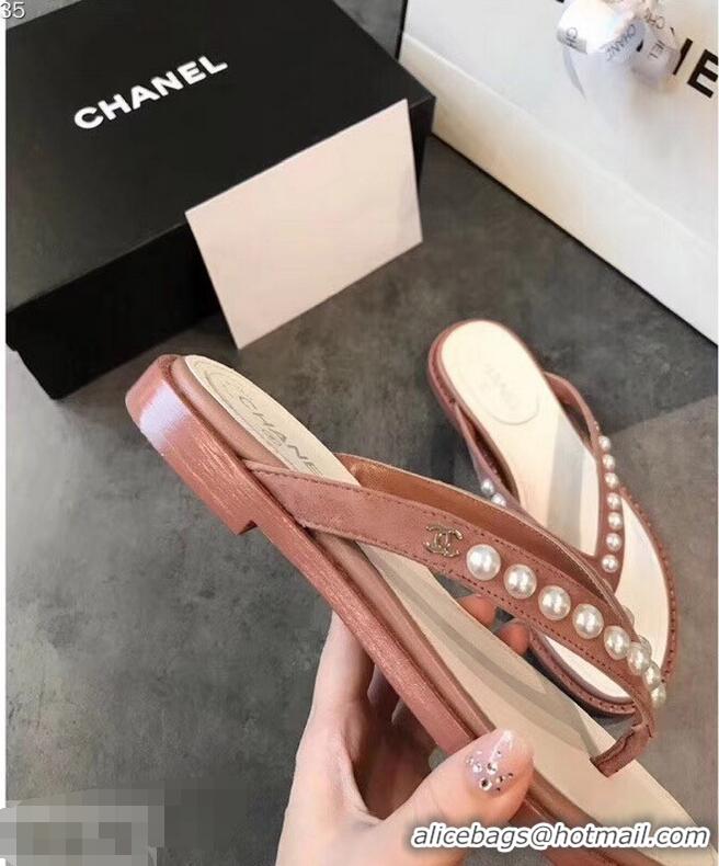 Imitation Chanel Suede Leather Pearls Thong Slipper Sandals G32502 Nude Pink 2019