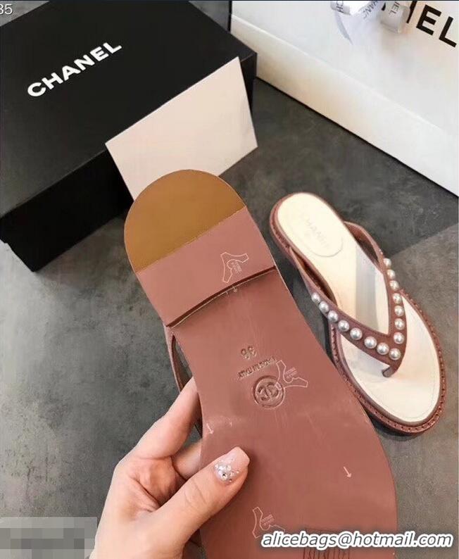 Imitation Chanel Suede Leather Pearls Thong Slipper Sandals G32502 Nude Pink 2019