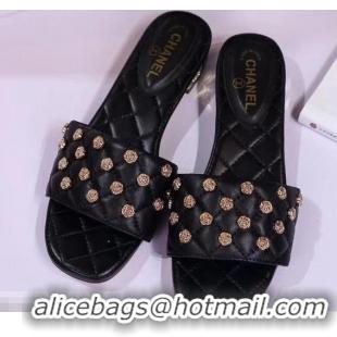 Charming Chanel Camellia Embellishment Mules Slipper Sandals G32631 Black 2019