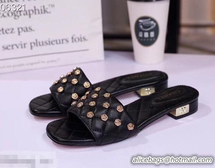 Charming Chanel Camellia Embellishment Mules Slipper Sandals G32631 Black 2019