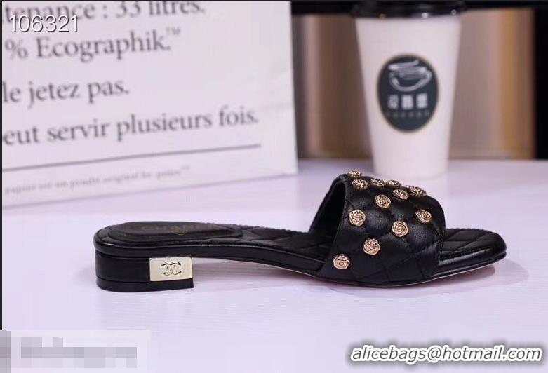 Charming Chanel Camellia Embellishment Mules Slipper Sandals G32631 Black 2019