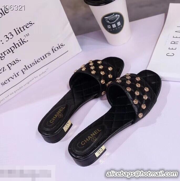 Charming Chanel Camellia Embellishment Mules Slipper Sandals G32631 Black 2019