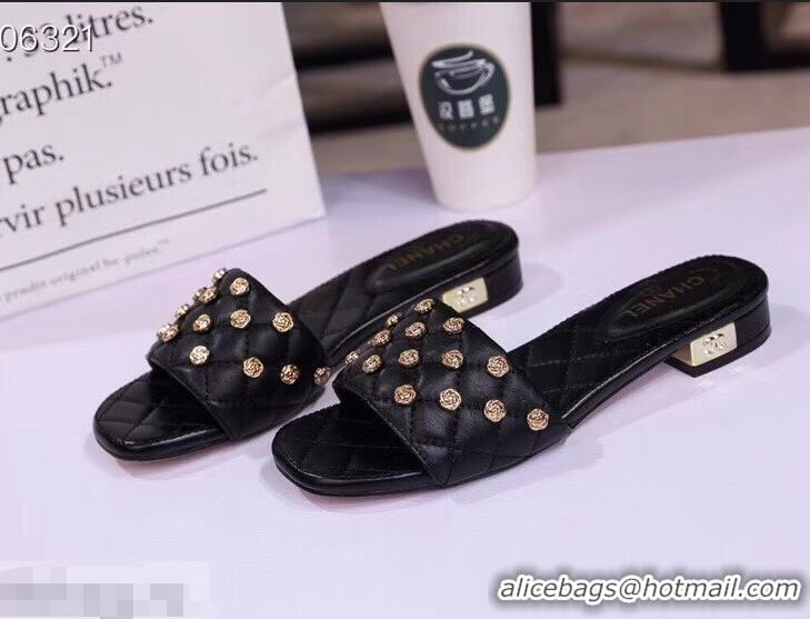 Charming Chanel Camellia Embellishment Mules Slipper Sandals G32631 Black 2019