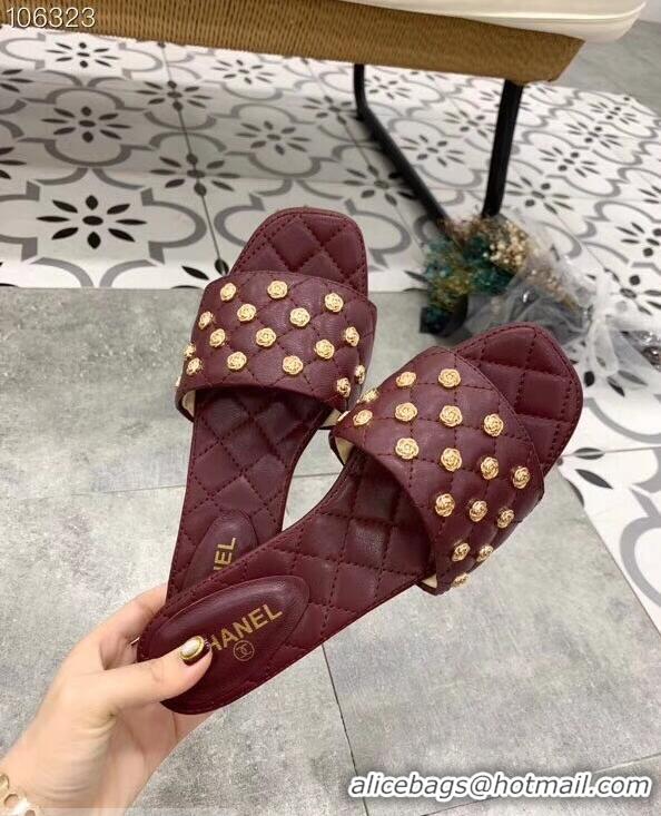 Famous Chanel Camellia Embellishment Mules Slipper Sandals G32631 Burgundy 2019