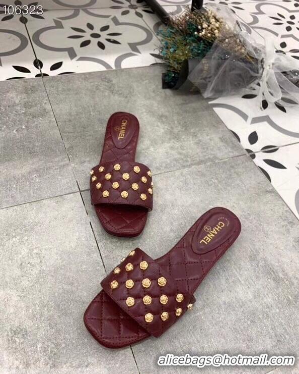 Famous Chanel Camellia Embellishment Mules Slipper Sandals G32631 Burgundy 2019