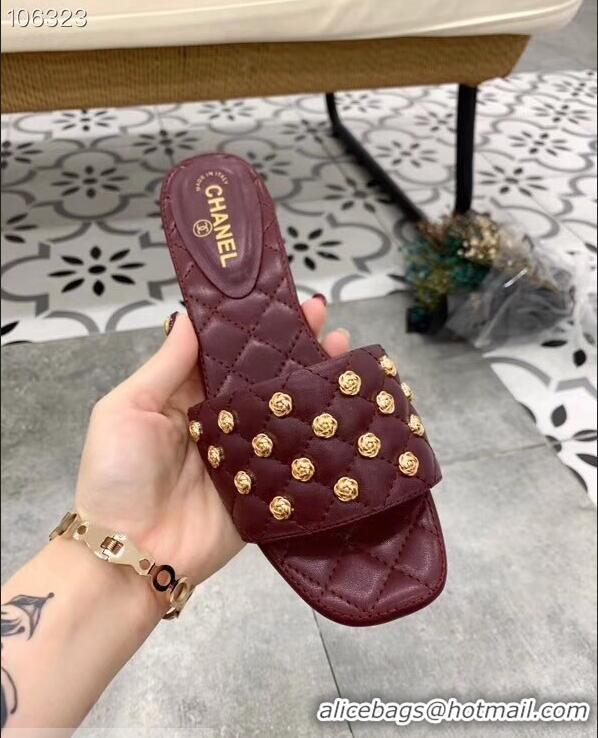 Famous Chanel Camellia Embellishment Mules Slipper Sandals G32631 Burgundy 2019