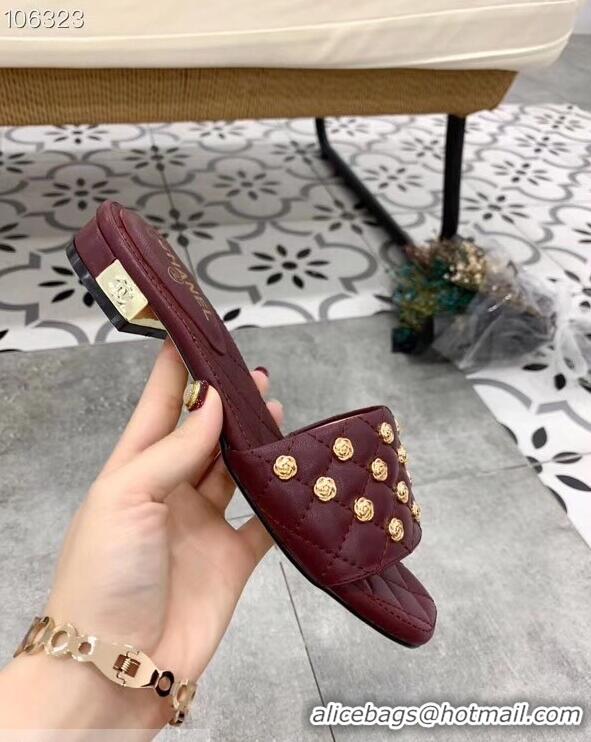 Famous Chanel Camellia Embellishment Mules Slipper Sandals G32631 Burgundy 2019