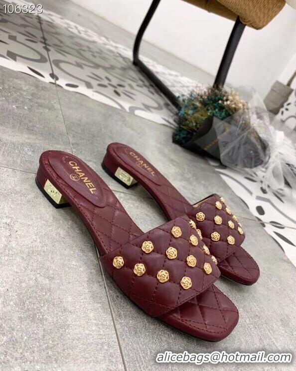 Famous Chanel Camellia Embellishment Mules Slipper Sandals G32631 Burgundy 2019