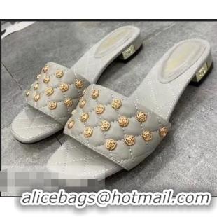 Famous Faux Chanel Camellia Embellishment Mules Slipper Sandals G32631 Gray 2019