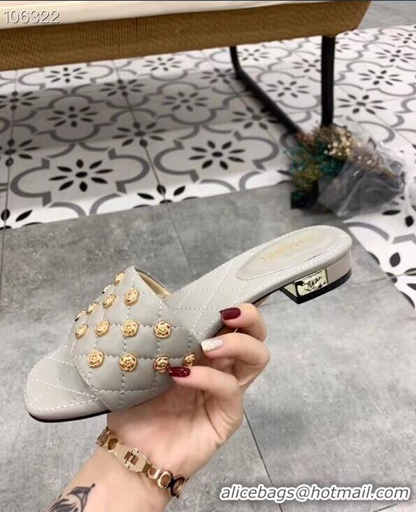 Famous Faux Chanel Camellia Embellishment Mules Slipper Sandals G32631 Gray 2019