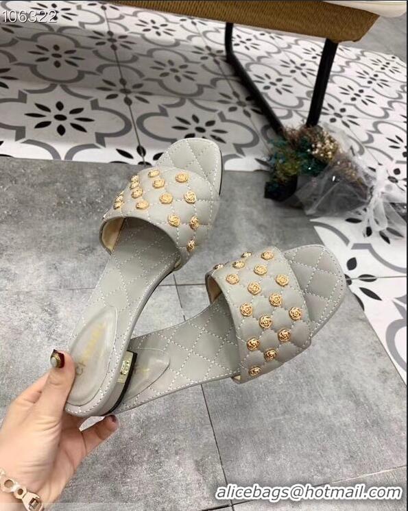 Famous Faux Chanel Camellia Embellishment Mules Slipper Sandals G32631 Gray 2019