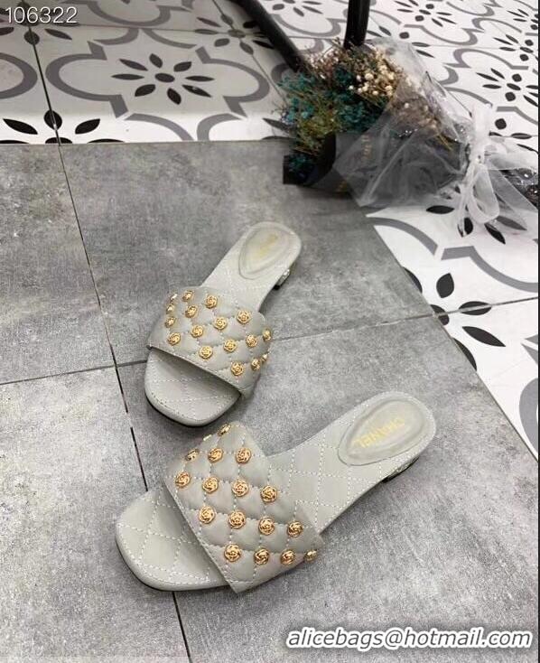 Famous Faux Chanel Camellia Embellishment Mules Slipper Sandals G32631 Gray 2019