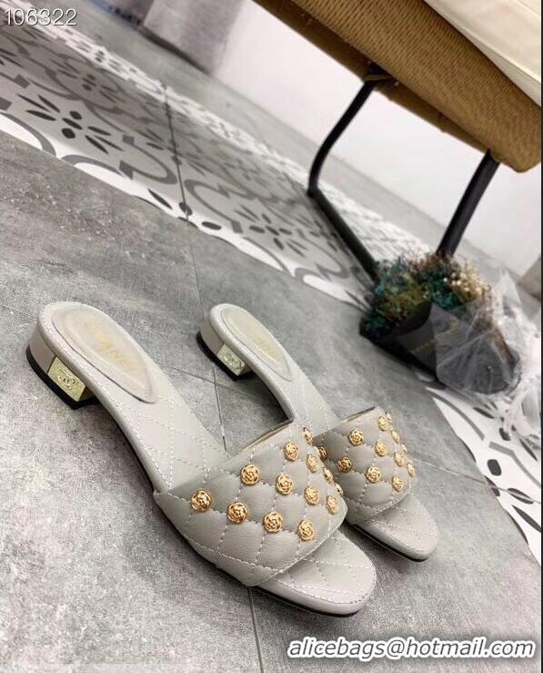 Famous Faux Chanel Camellia Embellishment Mules Slipper Sandals G32631 Gray 2019