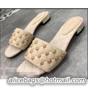 Traditional Discount Chanel Camellia Embellishment Mules Slipper Sandals G32631 Nude 2019