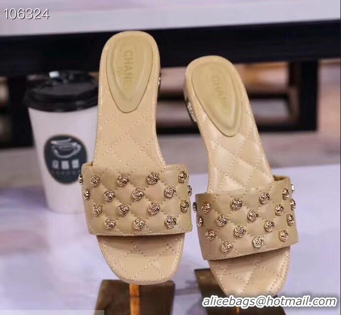 Noble Useful Chanel Camellia Embellishment Mules Slipper Sandals G32631 Apricot 2019