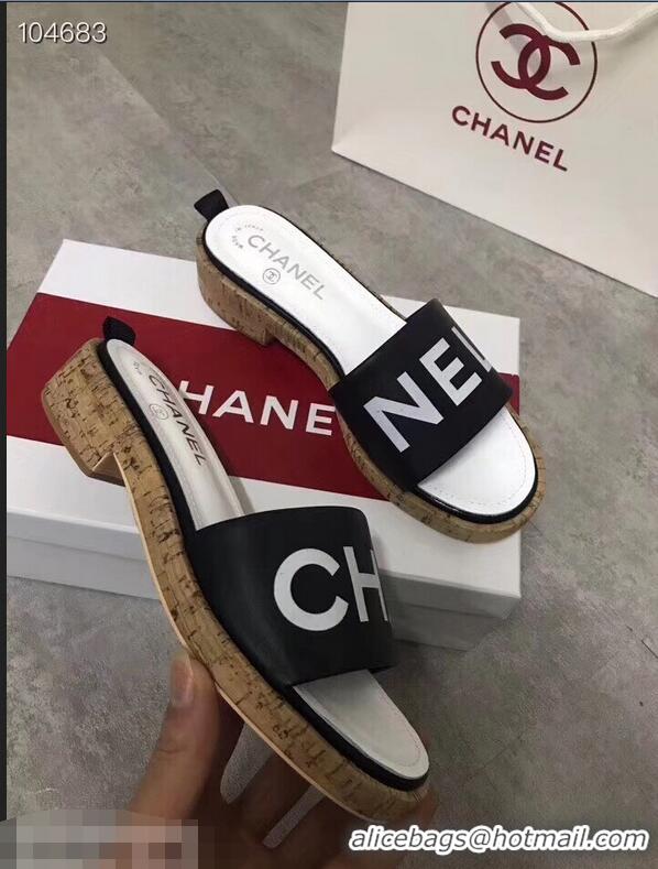 Well Crafted Chanel Lambskin Logo Mules Slipper Sandals G34876 Black 2019