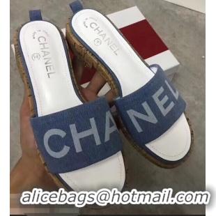 Buy Fashionable Chanel Denim and Lambskin Logo Mules Slipper Sandals G34876 Blue 2019