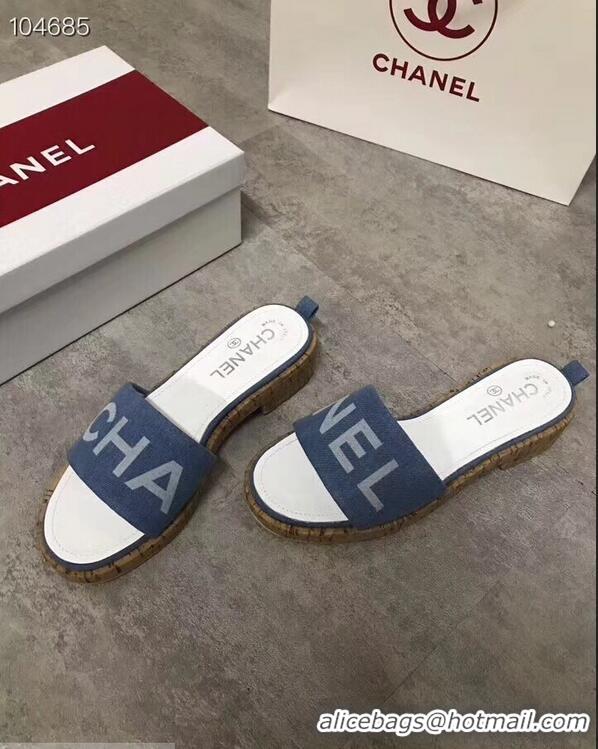 Buy Fashionable Chanel Denim and Lambskin Logo Mules Slipper Sandals G34876 Blue 2019